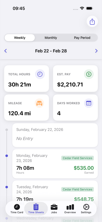 Hours Tracker weekly timesheet showing sample work hours and estimated pay on iPhone